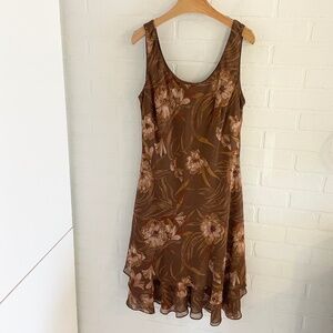 Y2K Midi dress whimsical Wood fairy Floral Chiffon Flowy Ruffled Brown  Sz 12
